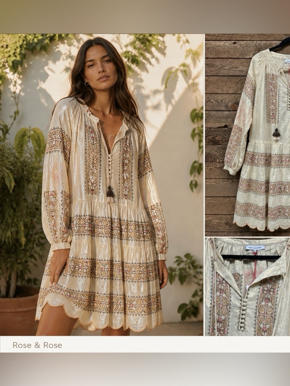 Rose & Rose Ravello Gold Lurex Embroidered Boho Dress Size L NWT